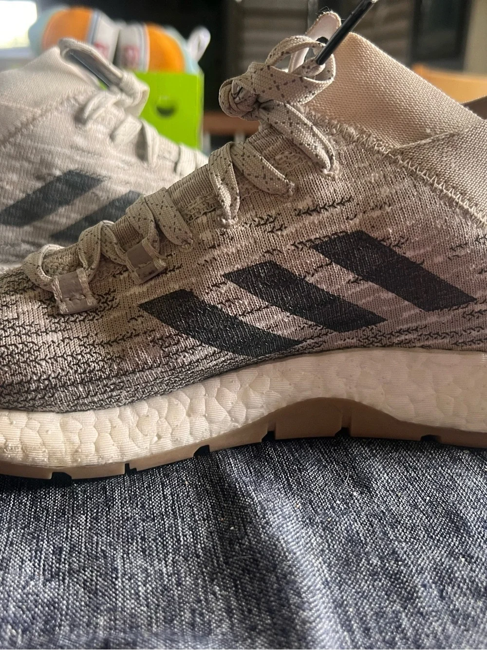 adidas Men’s Beige Knit Athletic Sneakers with Black Accents